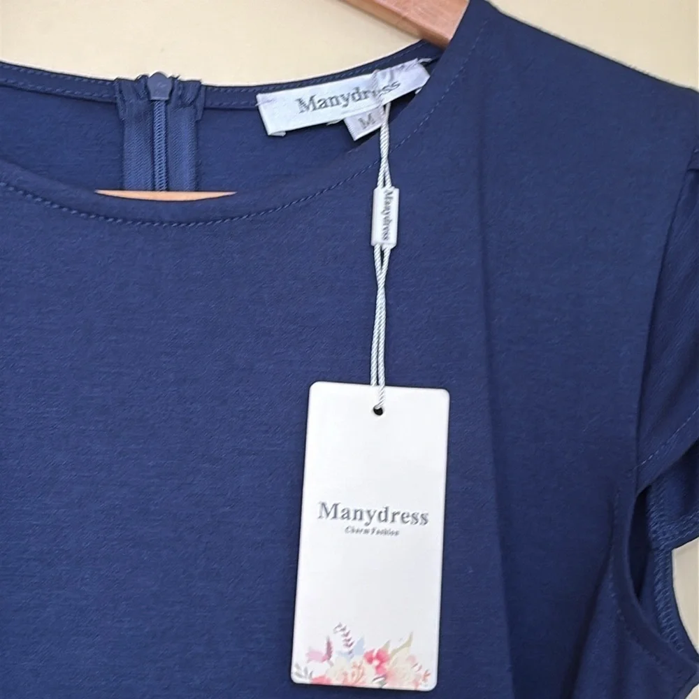 Manydress | NWT Navy Blue Cap Sleeve Belted Unlined Midi Dress Medium - Picture 5 of 14